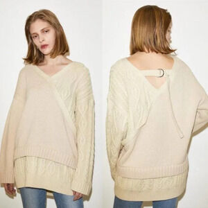 Moussy‎ Cable Knit Layered V-Neck Sweater Ivory Cream One Size